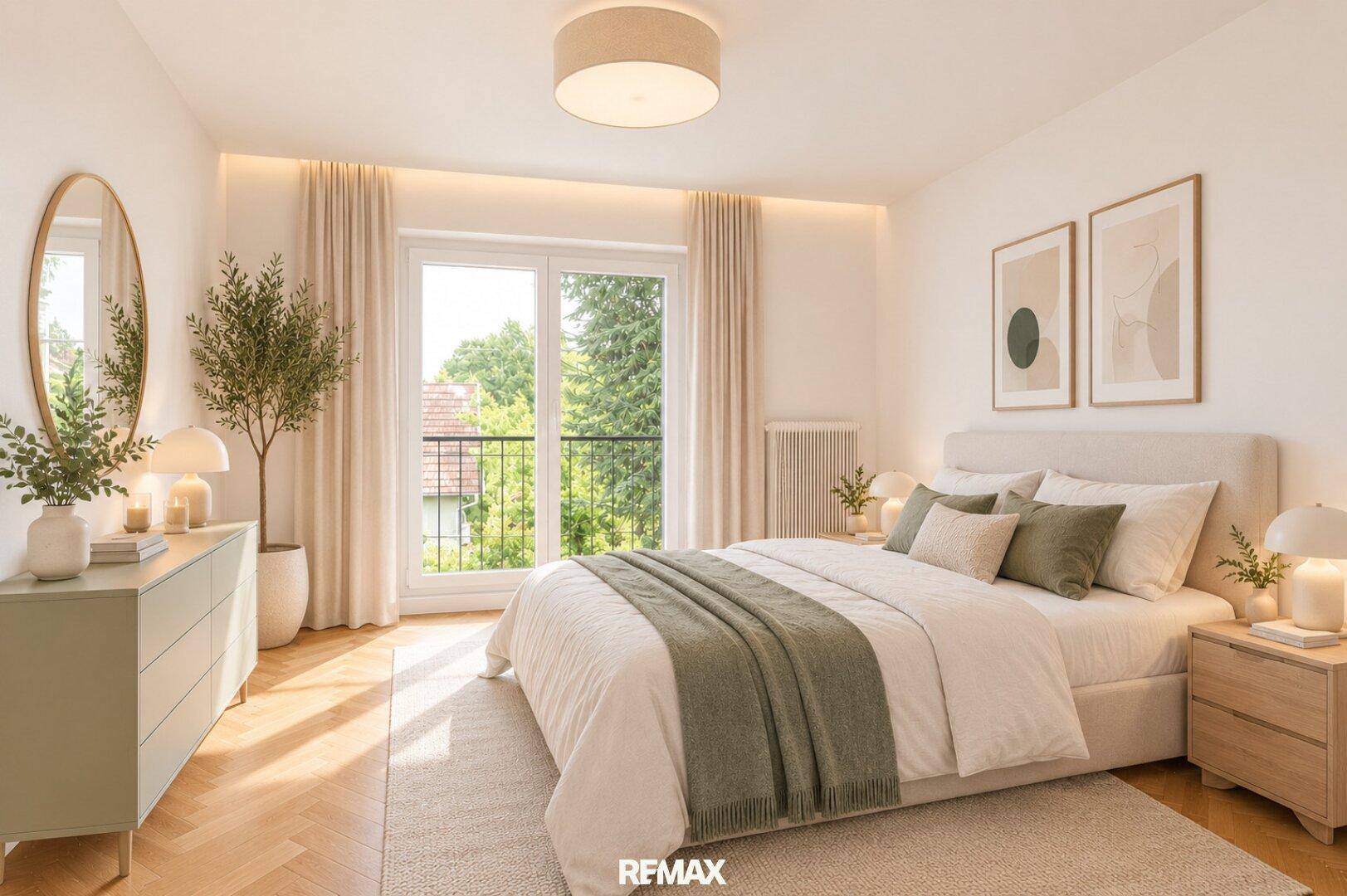 Gemütliches Schlafzimmer mit Doppelbett, moderner Einrichtung und Zugang zu einem französischen Balkon.