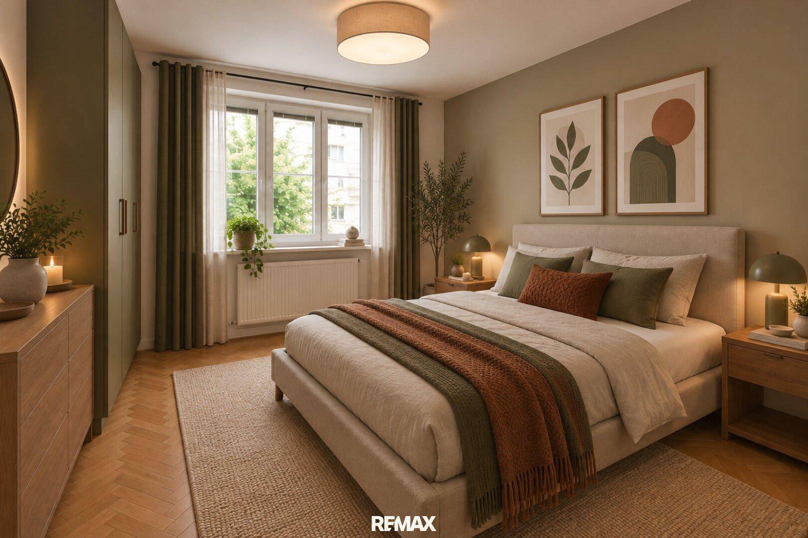 Gemütliches Schlafzimmer mit Doppelbett, Holzmöbeln und Parkettboden, in warmen Erdtönen gehalten.
