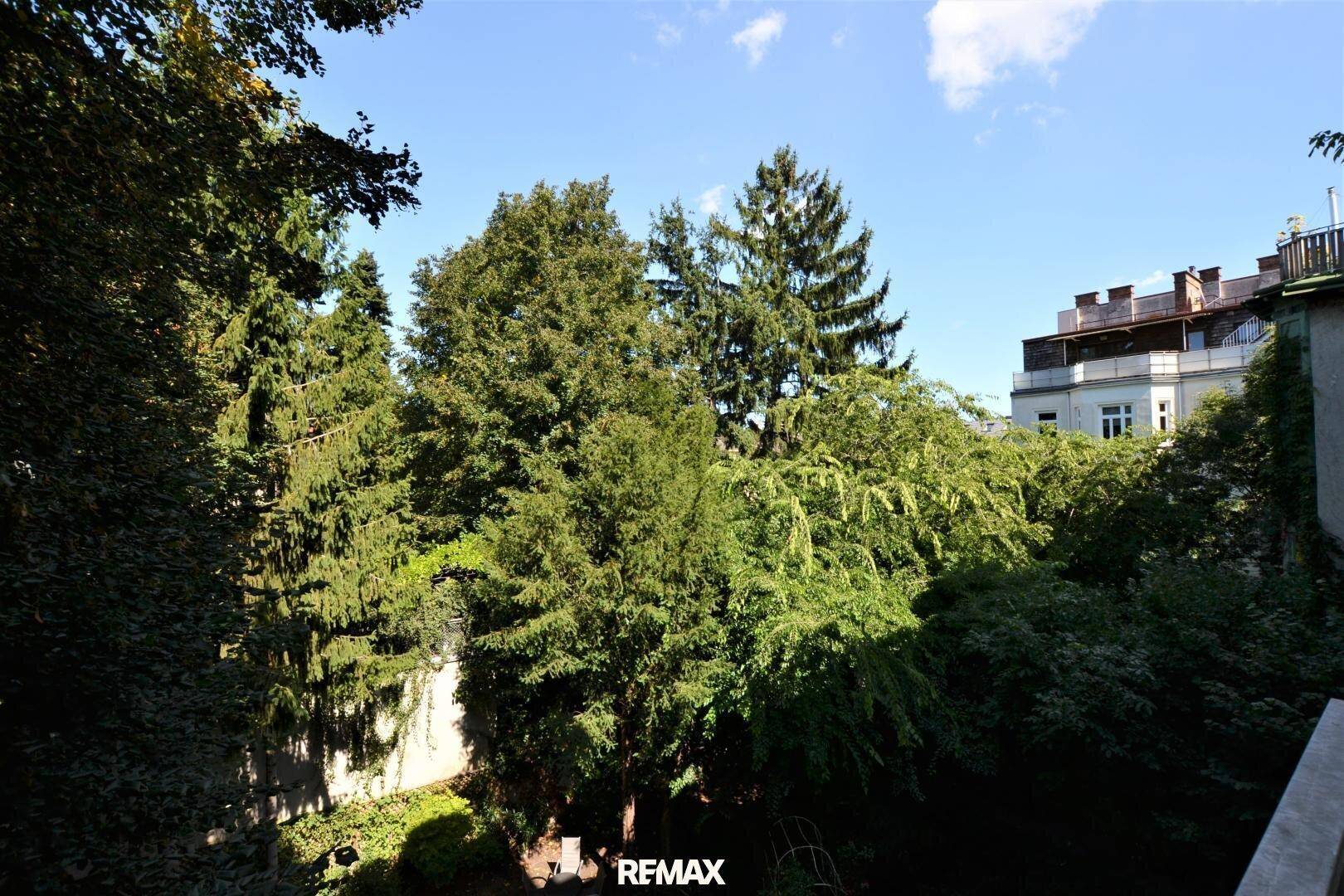 Blick auf einen üppigen grünen Garten mit hohen Bäumen und einem historischen Gebäude im Hintergrund.