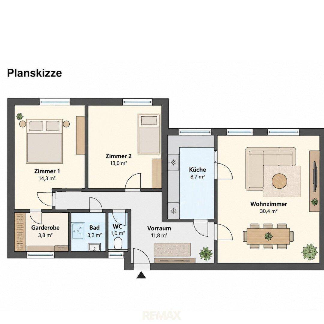 Grundriss der Wohnung mit Wohnzimmer, Küche, zwei Schlafzimmern und Bad.