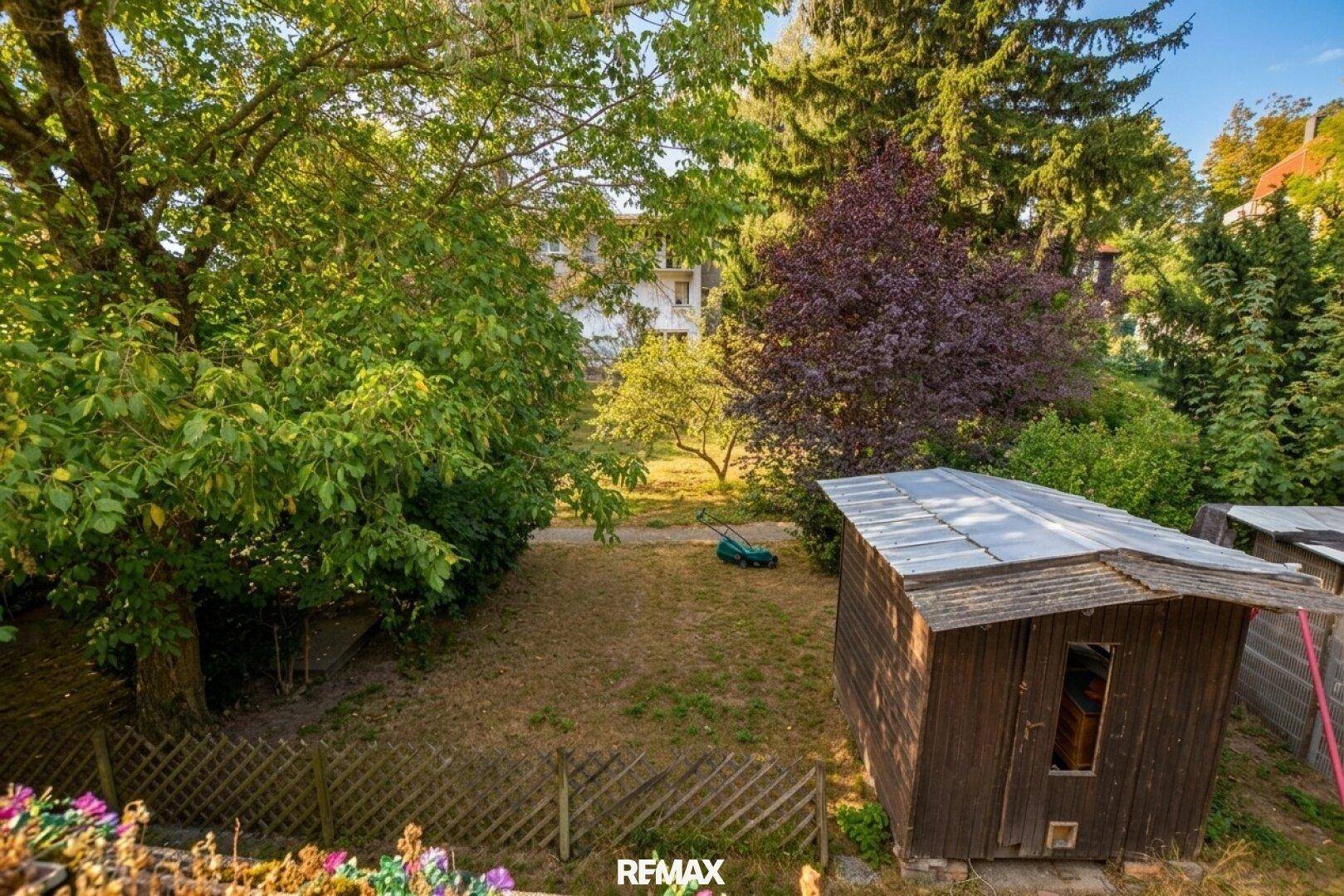 Hinterhof mit einem Holzschuppen, Bäumen und einer Rasenfläche, die Pflege benötigt.