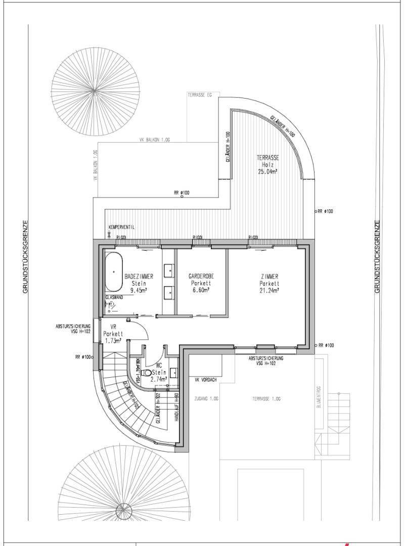 Grundriss des Dachgeschosses mit Schlafzimmer, Bad, Ankleide und großer Terrasse.