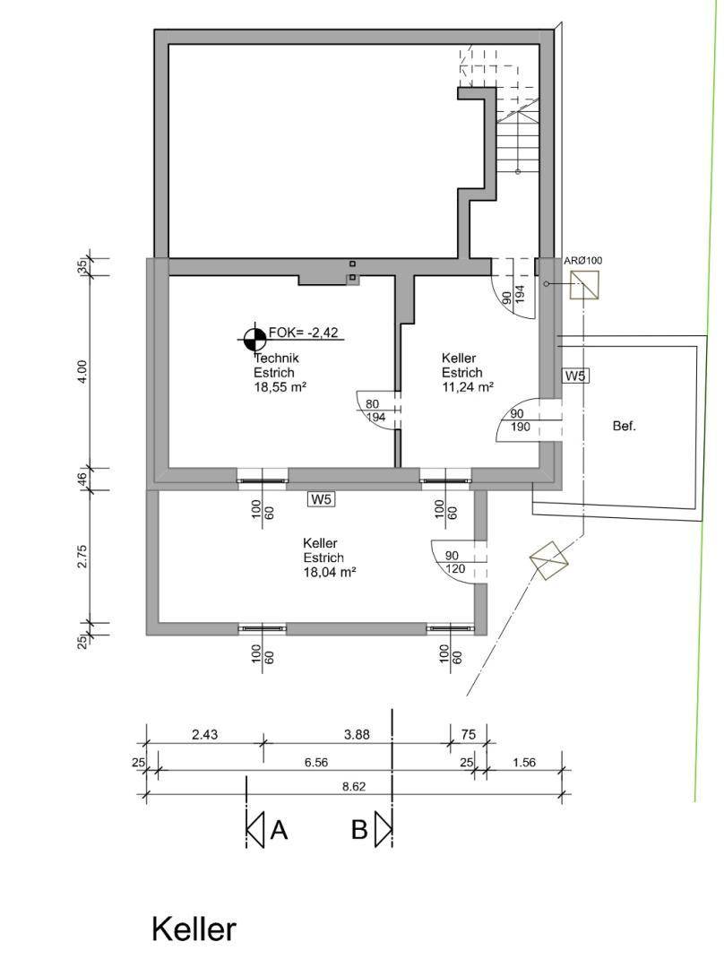 Grundriss des Kellers mit Technikraum und zwei Kellerräumen für zusätzlichen Stauraum.