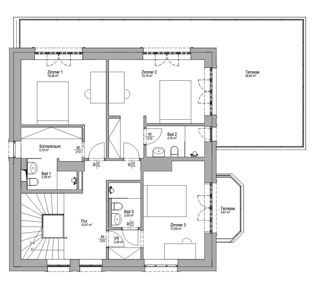 Grundriss des Obergeschosses mit drei Schlafzimmern, drei Bädern, Schrankraum und zwei Terrassen.