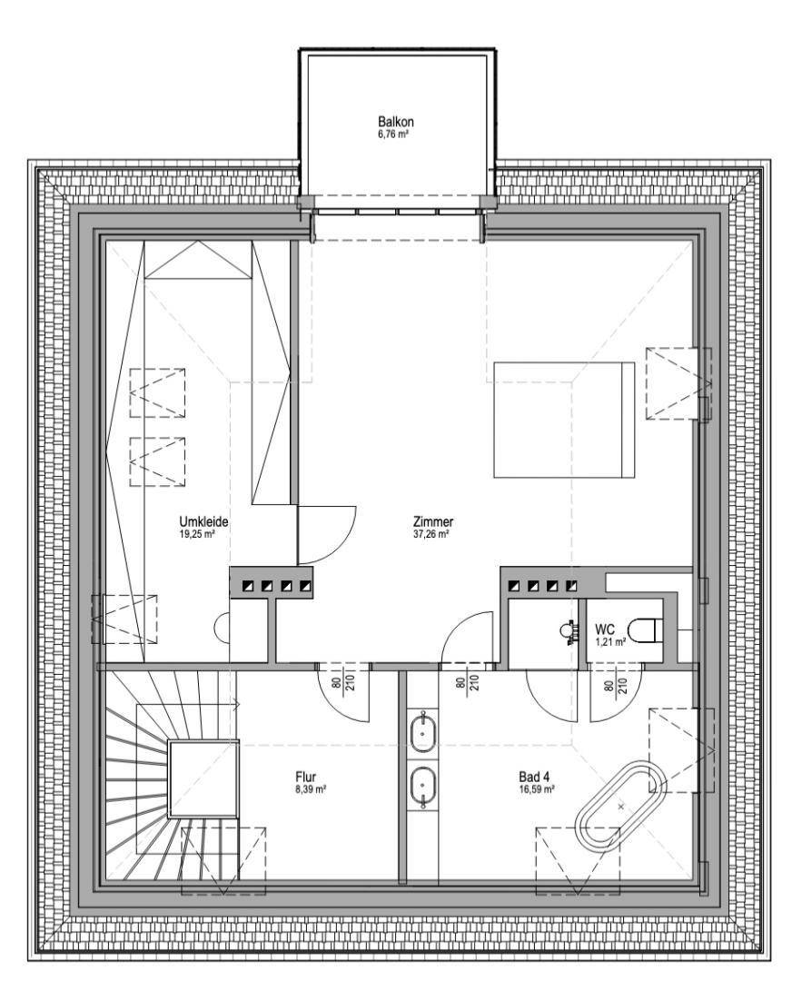 Grundriss des Dachgeschosses mit großem Schlafzimmer, Ankleidezimmer, Bad mit Wanne, WC und Balkon.