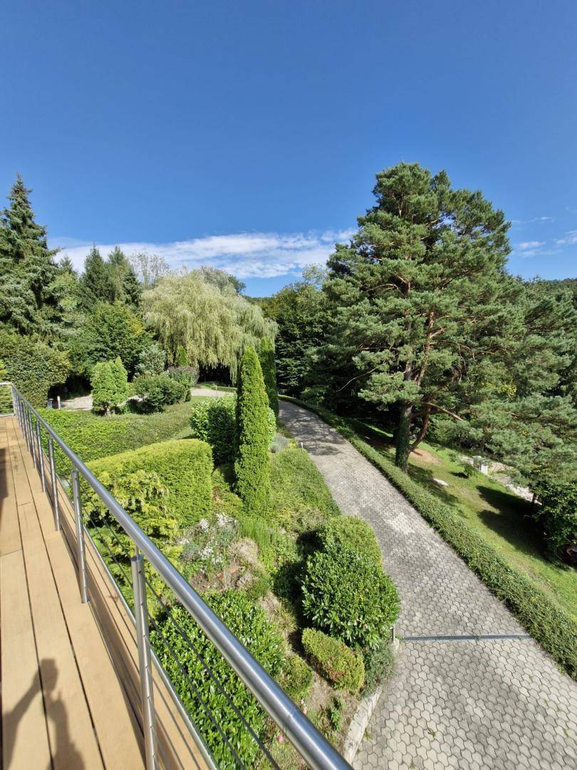 Blick von einem Holzdeck auf eine gepflasterte Auffahrt und den üppig bepflanzten Gartenbereich.