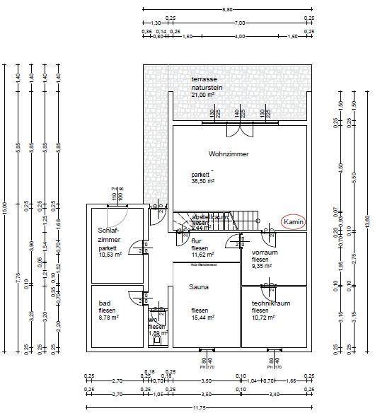 Grundriss des Untergeschosses mit Schlafzimmer, Bad, Sauna und Technikraum.