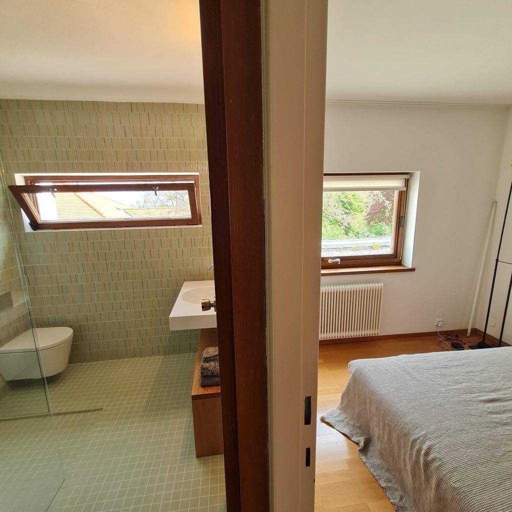Modernes Ensuite-Badezimmer mit begehbarer Dusche, Wand-WC und Fenster.