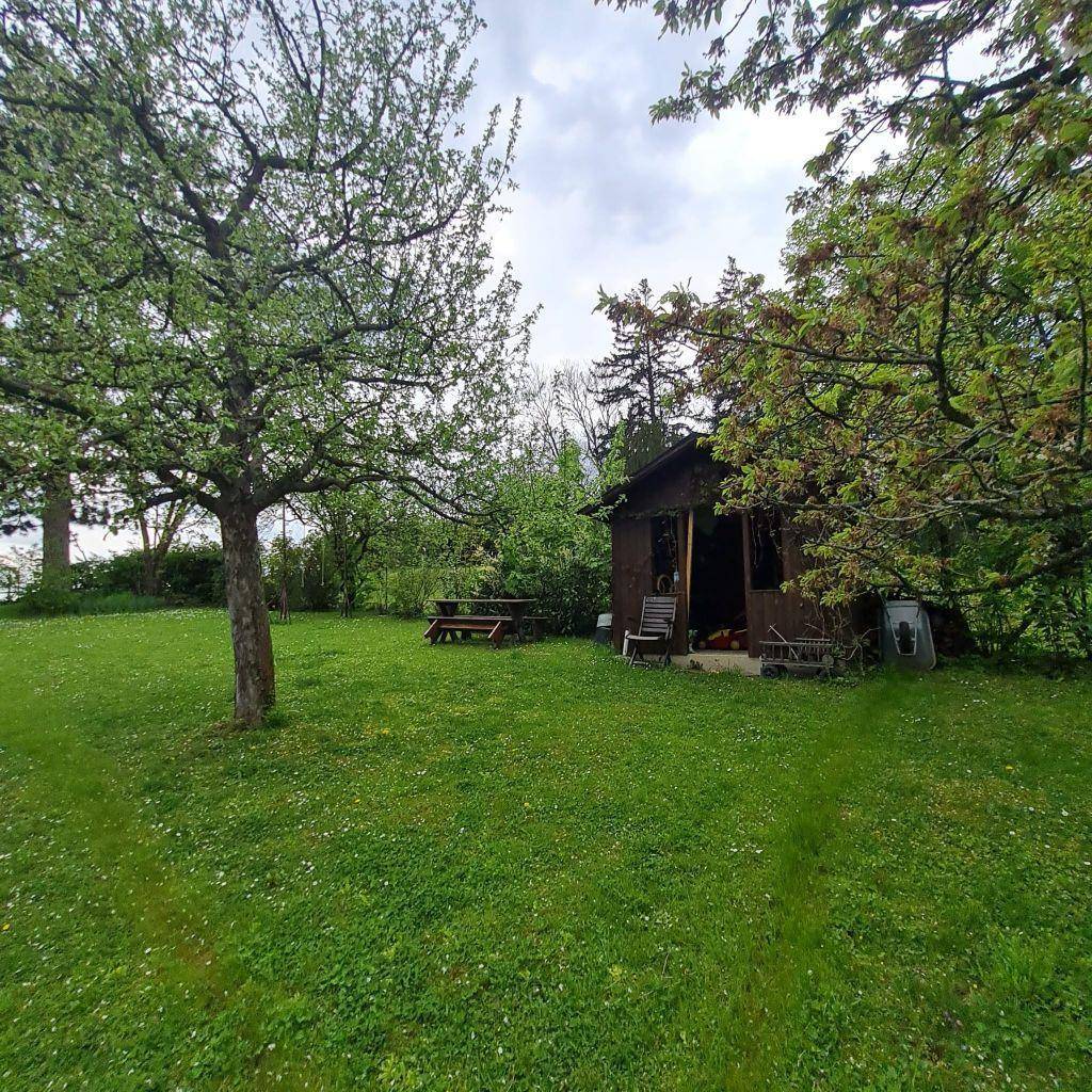 Großer Garten mit Rasenfläche, Obstbäumen und einem kleinen Gartenhaus im Hintergrund.