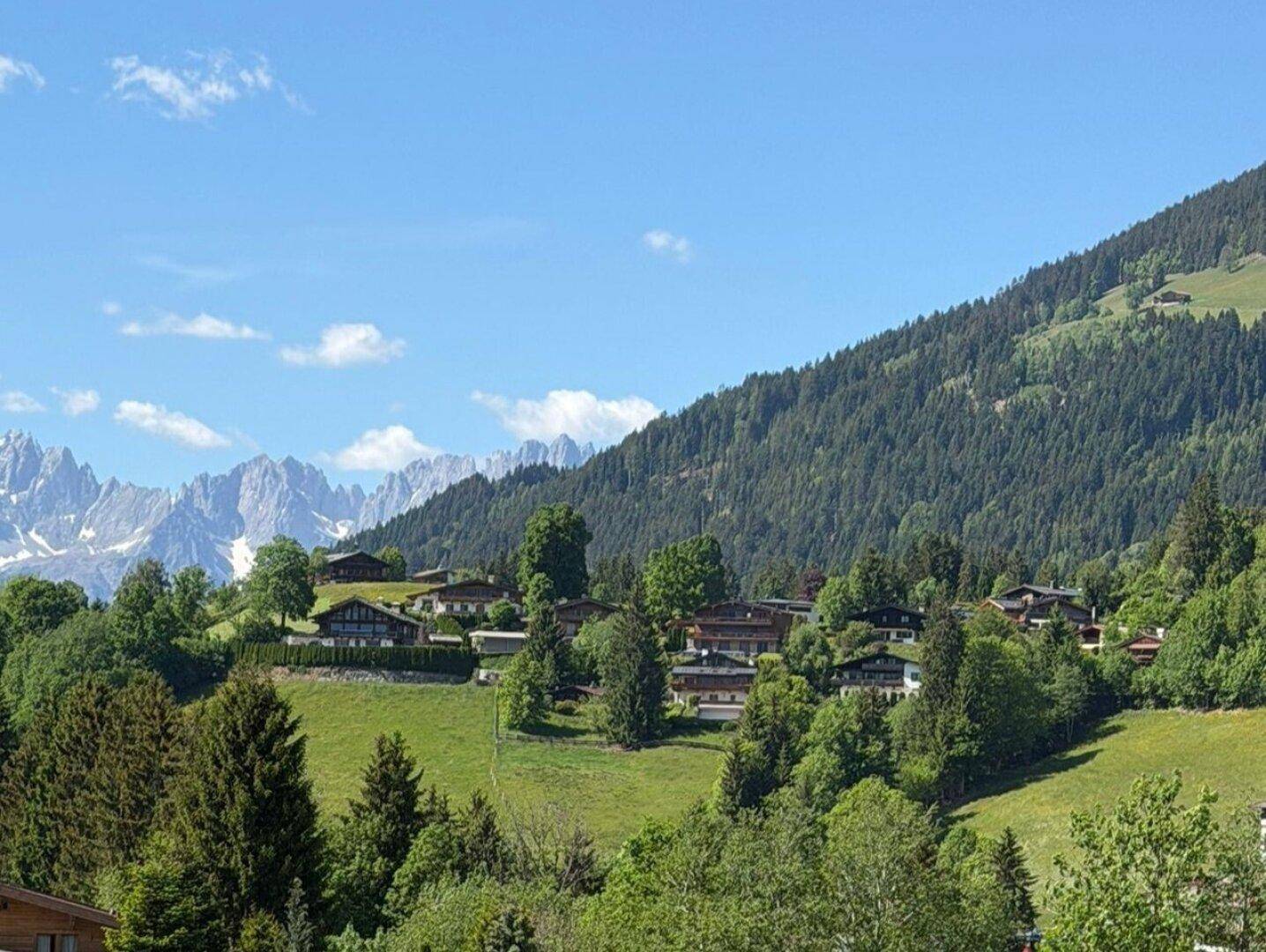 Weitläufiger Blick über grüne Hügel und Wälder mit verstreuten Häusern und Bergpanorama im Hintergrund.