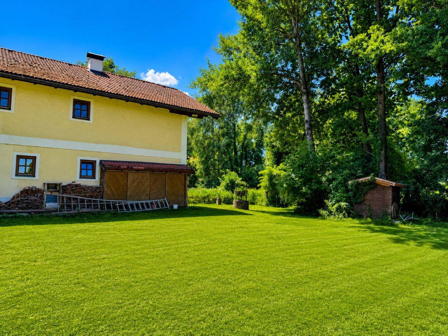 Großzügiger grüner Garten neben dem Haus mit Holzschuppen und viel Baumbestand.