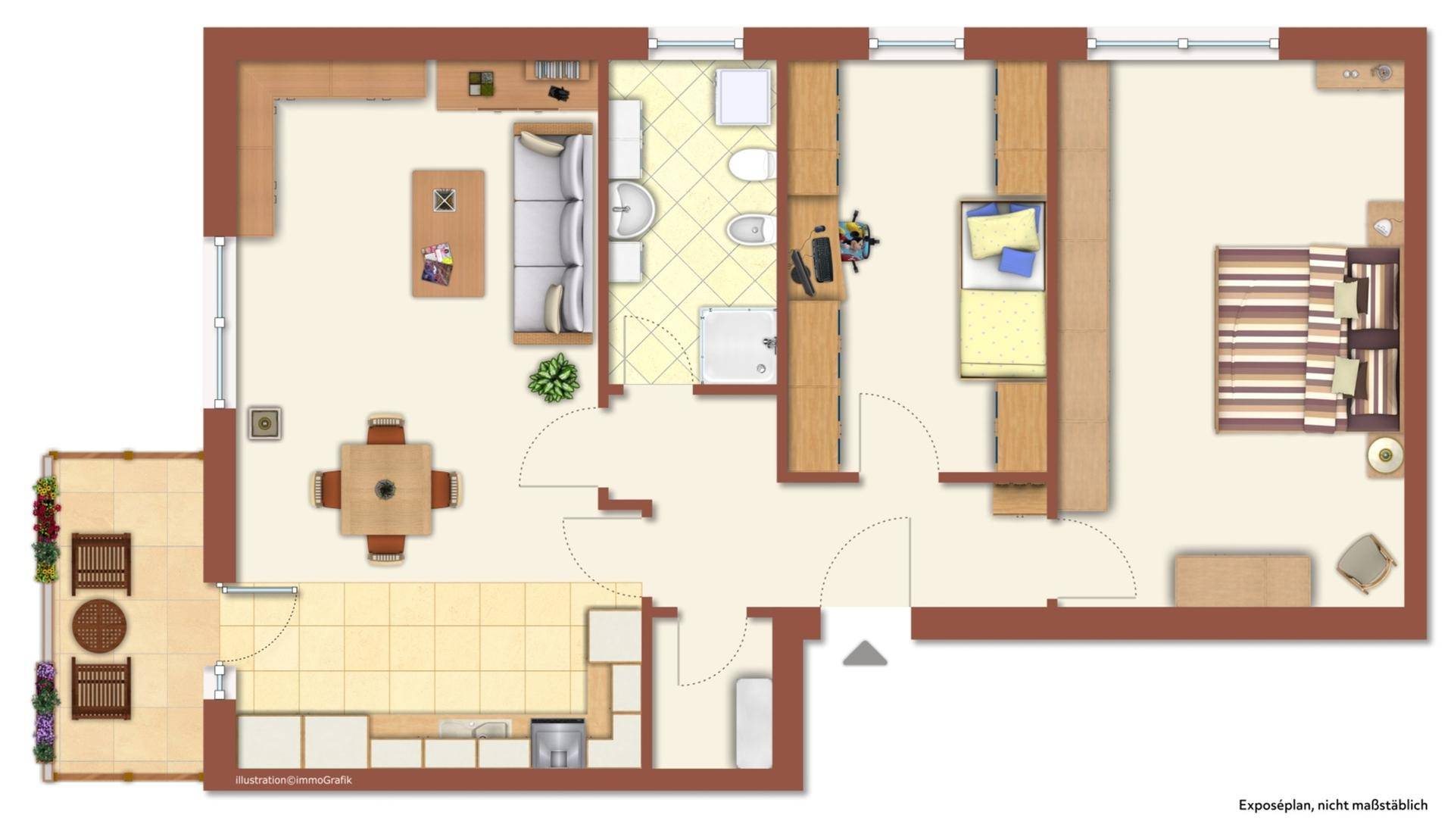 Detaillierter Grundriss der Wohnung mit offenem Wohnbereich und Balkon.