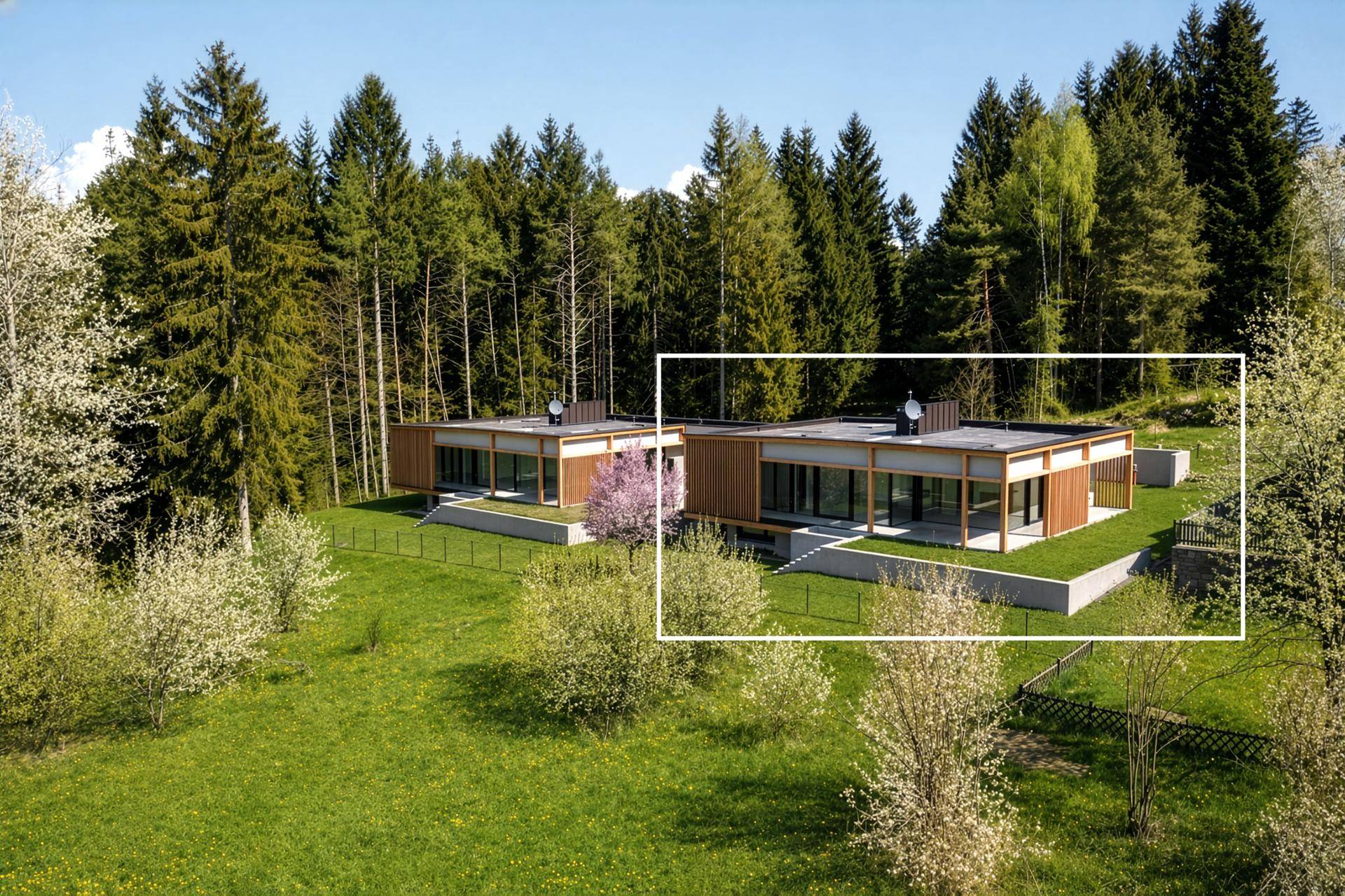 Zwei zeitgenössische Häuser mit Holzfassade und Flachdach in einer idyllischen, bewaldeten Umgebung.
