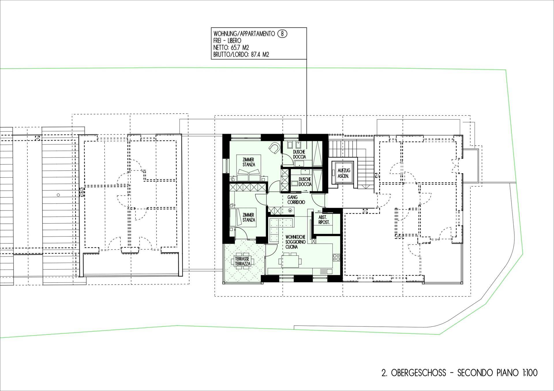 Grundriss des zweiten Obergeschosses mit Wohnbereich, Küche, zwei Schlafzimmern und Terrasse.
