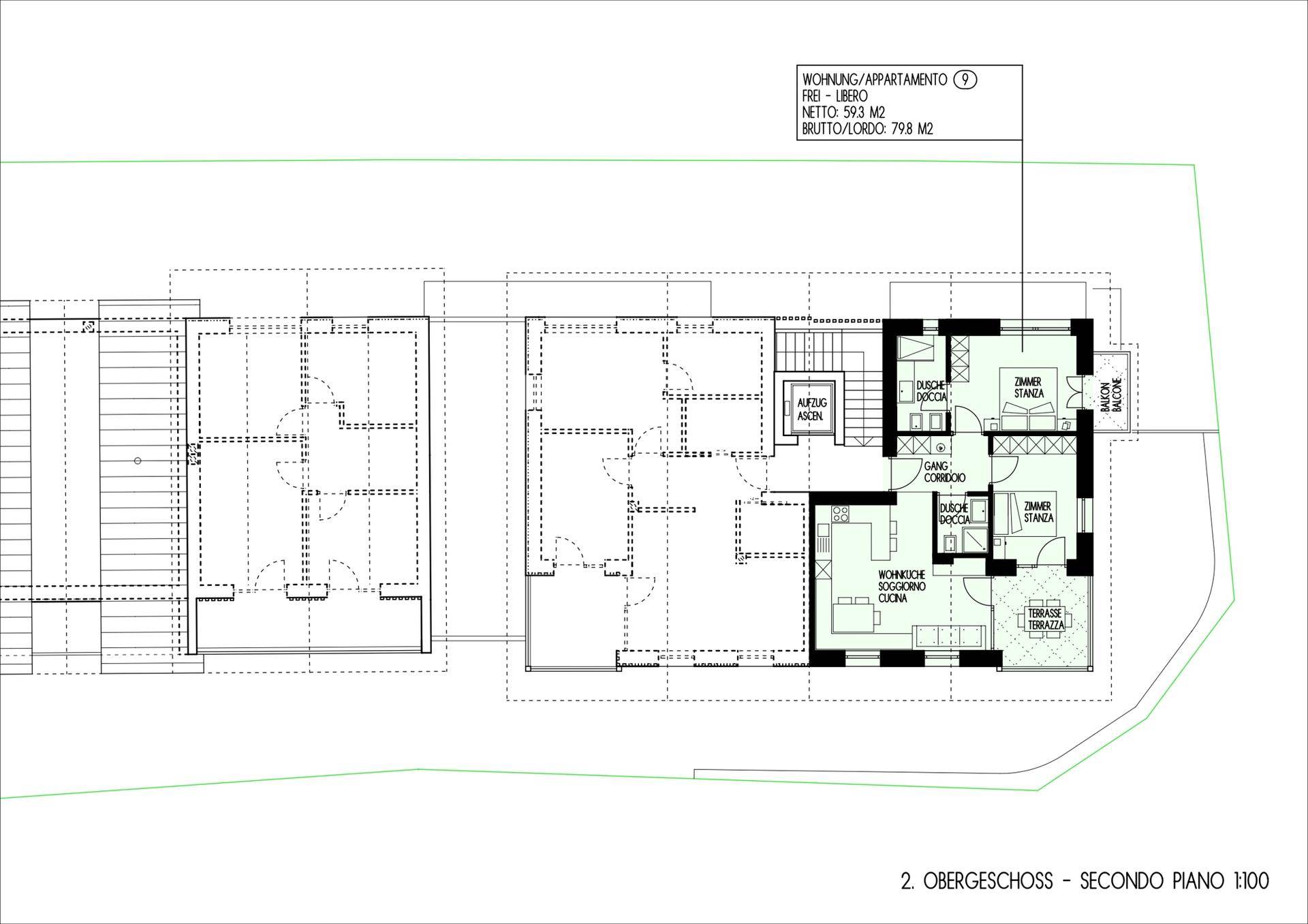 Grundriss einer Wohnung im Obergeschoss mit Wohnküche, zwei Zimmern und Terrasse.