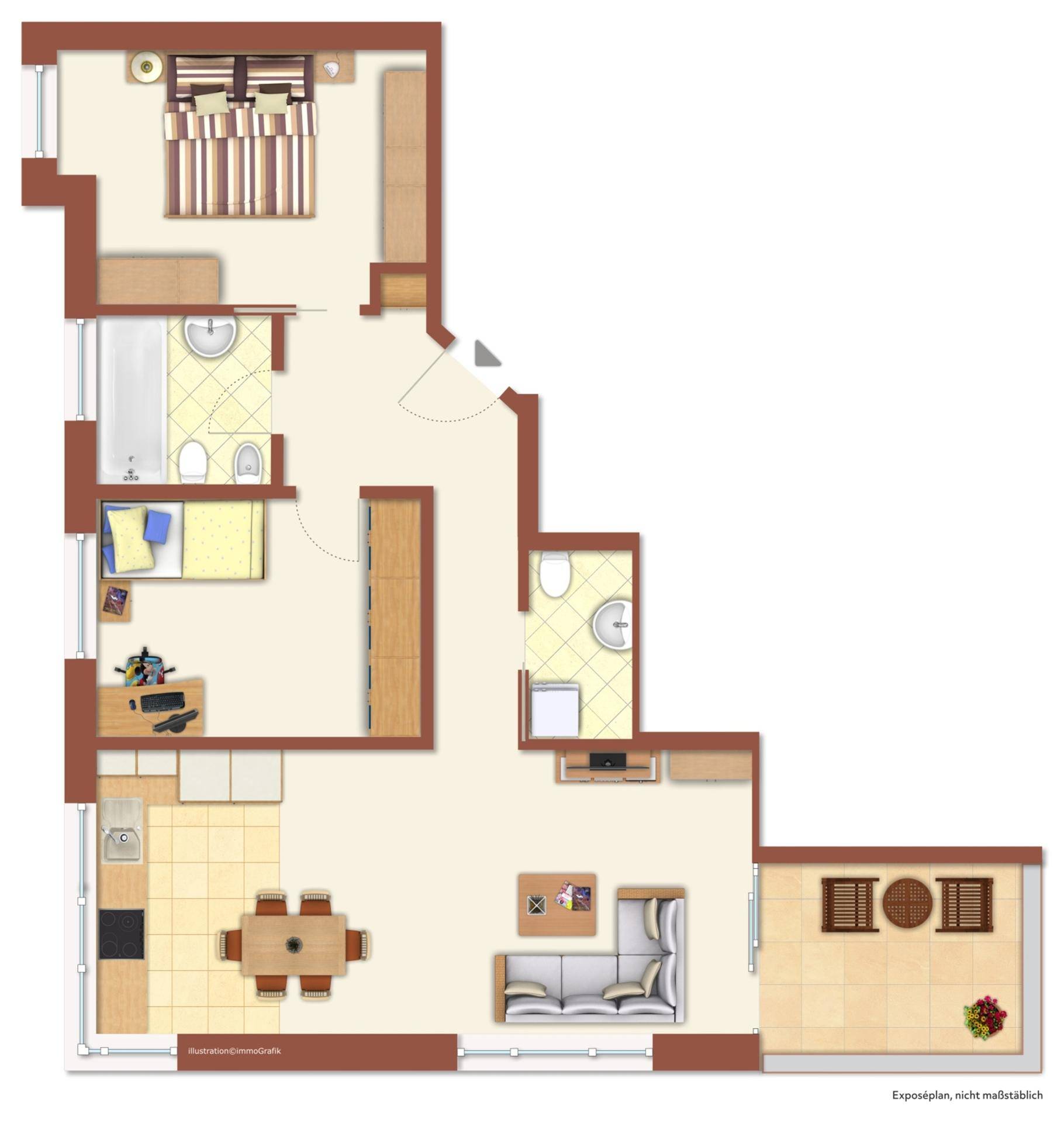 Detaillierter Grundriss einer Wohnung mit mehreren Zimmern, Bad und Balkon.