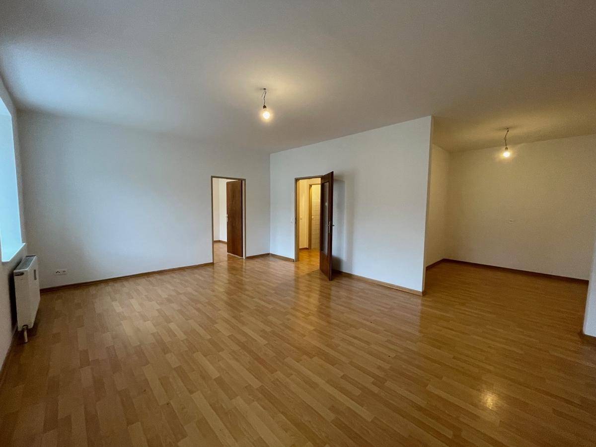 Heller Raum mit Parkettboden und mehreren Türen, der verschiedene Bereiche der Wohnung verbindet.