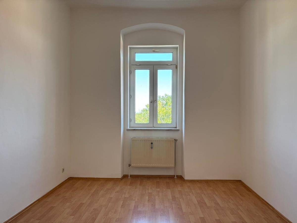 Geräumiges, unmöbliertes Zimmer mit Laminatboden und einem hohen Fenster, das für gute Belichtung sorgt.