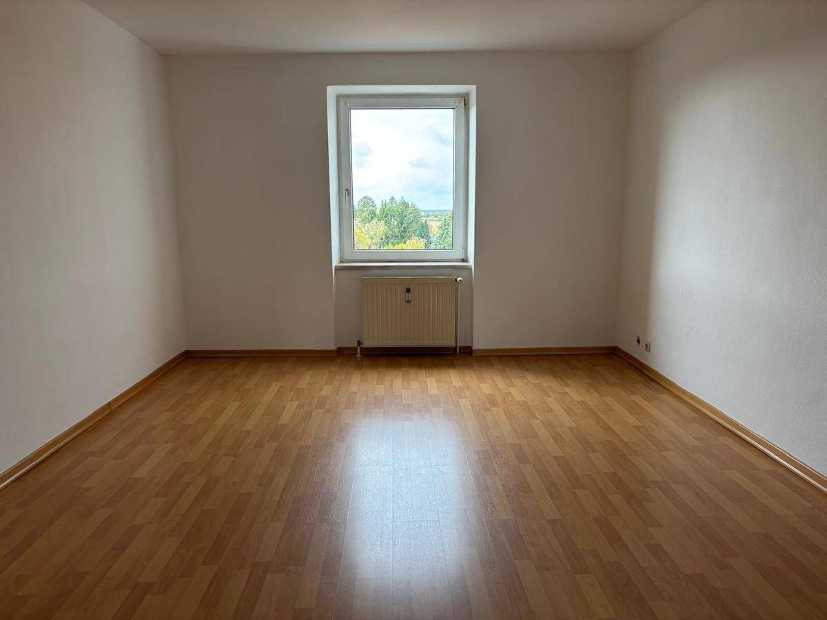 Helles, leeres Zimmer mit Laminatboden, weißen Wänden und Fenster mit Blick ins Grüne.