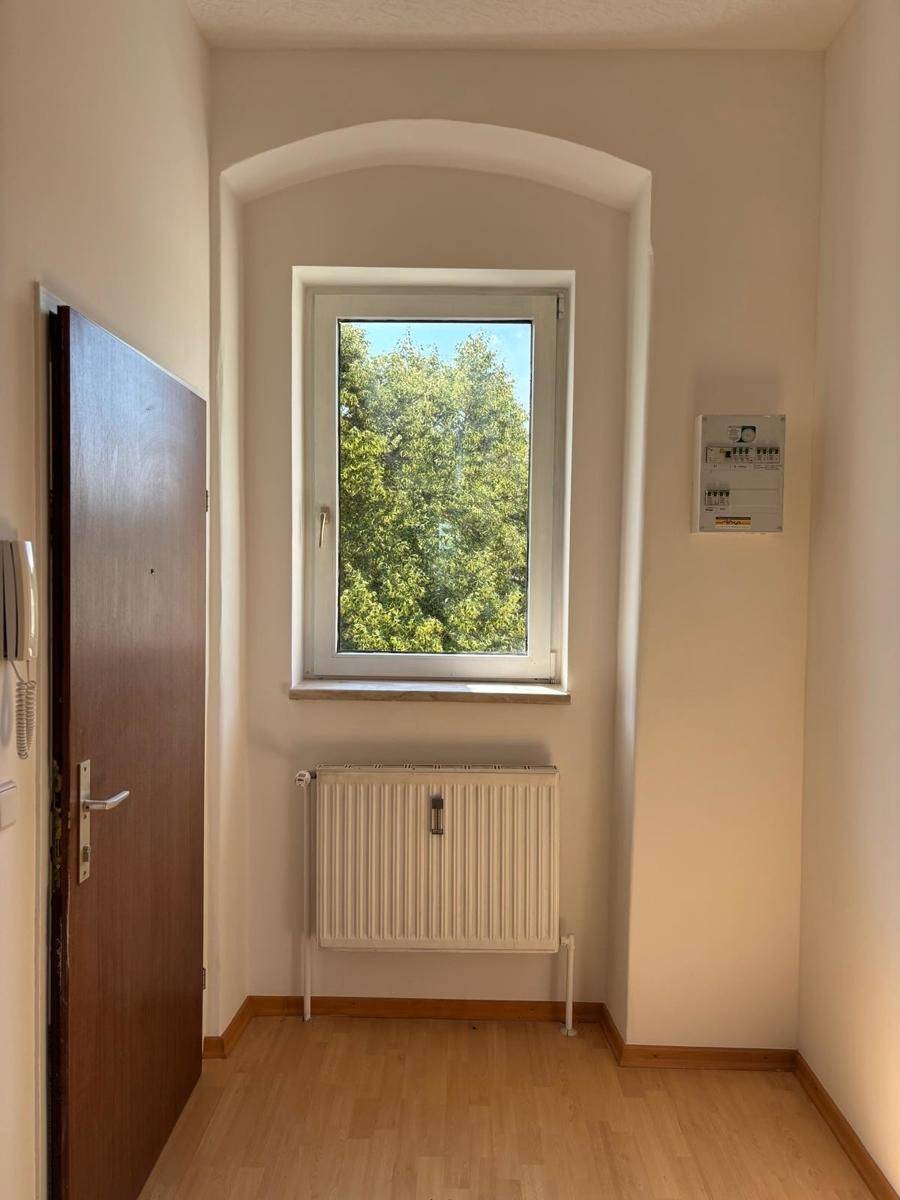 Eingangsbereich mit Holztür, Fenster und Gegensprechanlage, bietet einen Blick ins Grüne.