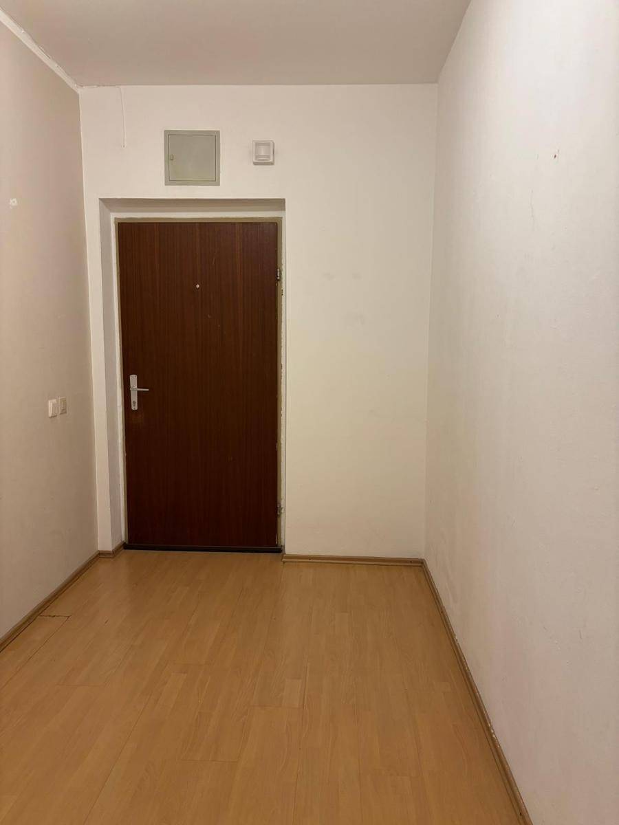 Eingangsbereich mit robuster brauner Tür und Laminatboden, einladend und funktional gestaltet.