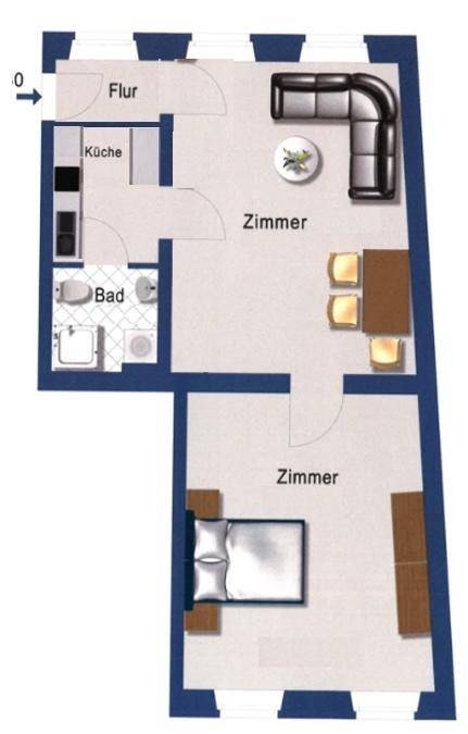 Grundriss einer Wohnung mit zwei Zimmern, Küche, Bad und Flur.