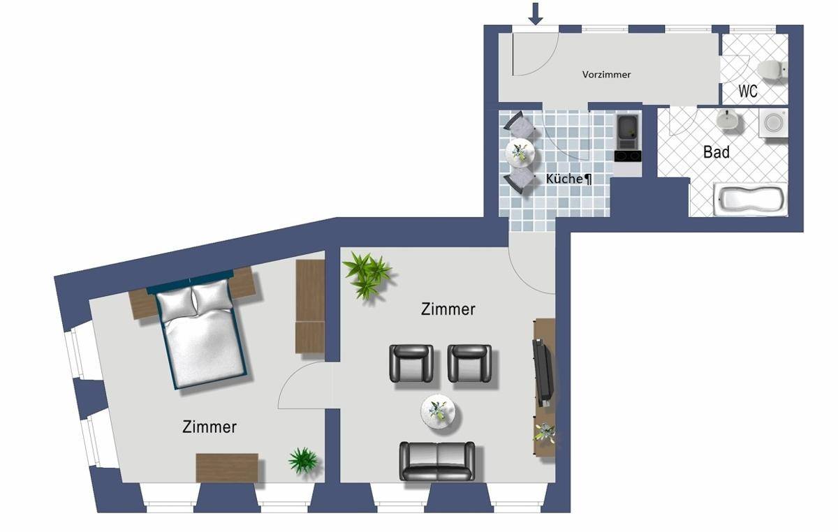 Detaillierter Grundriss einer Wohnung mit zwei Zimmern, Küche und Bad.
