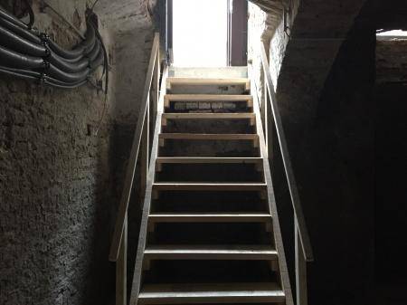 Blick von unten auf eine Holztreppe, die aus einem dunklen Kellerraum ins Helle führt.
