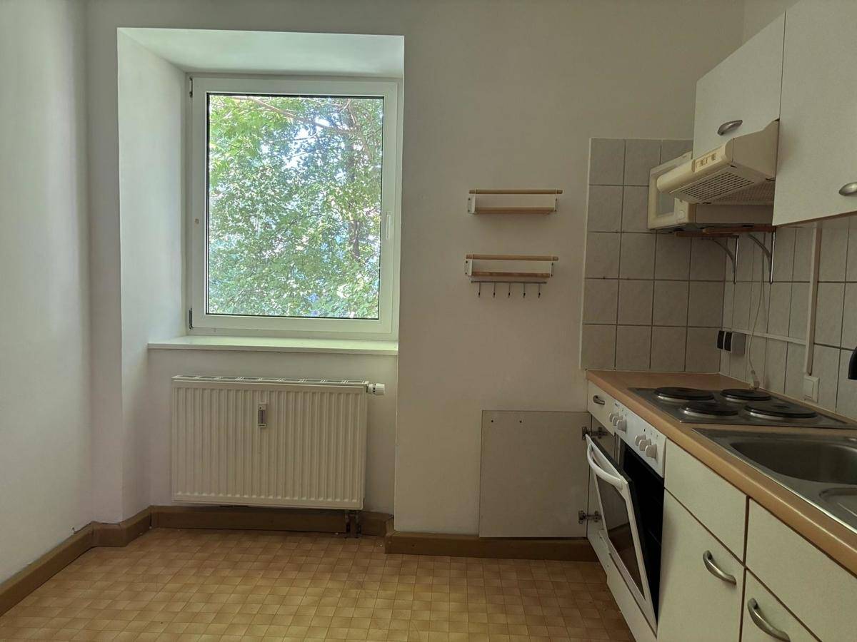 Heller Küchenbereich mit Fenster und Blick ins Grüne, ausgestattet mit Heizkörper und Vinylboden.