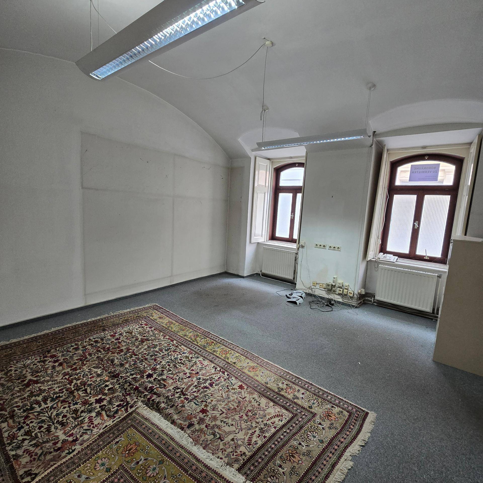 Büroraum mit Teppichboden, zwei Fenstern und einem großen orientalischen Teppich, beleuchtet von Deckenleuchten.