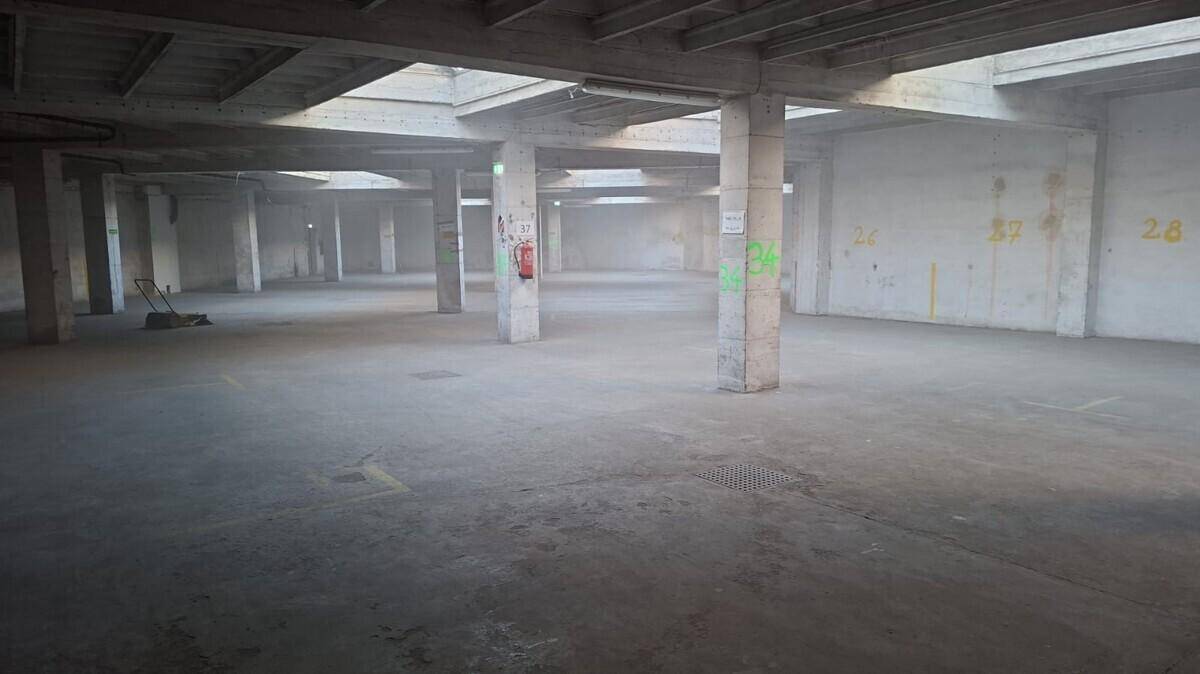 Großer, offener Lagerbereich mit Betonboden, vielen Säulen und Markierungen an den Wänden.