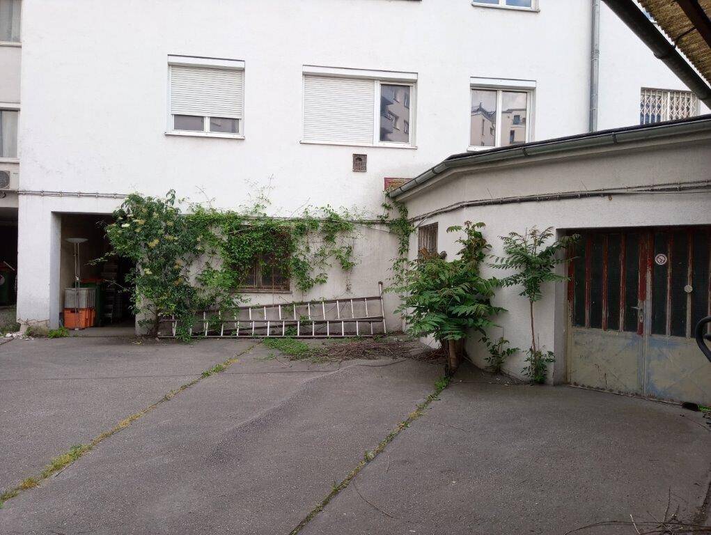 Hinterhof mit Betonfläche, bewachsenen Wänden und einer alten Garagentür, die zum Gebäude gehört.