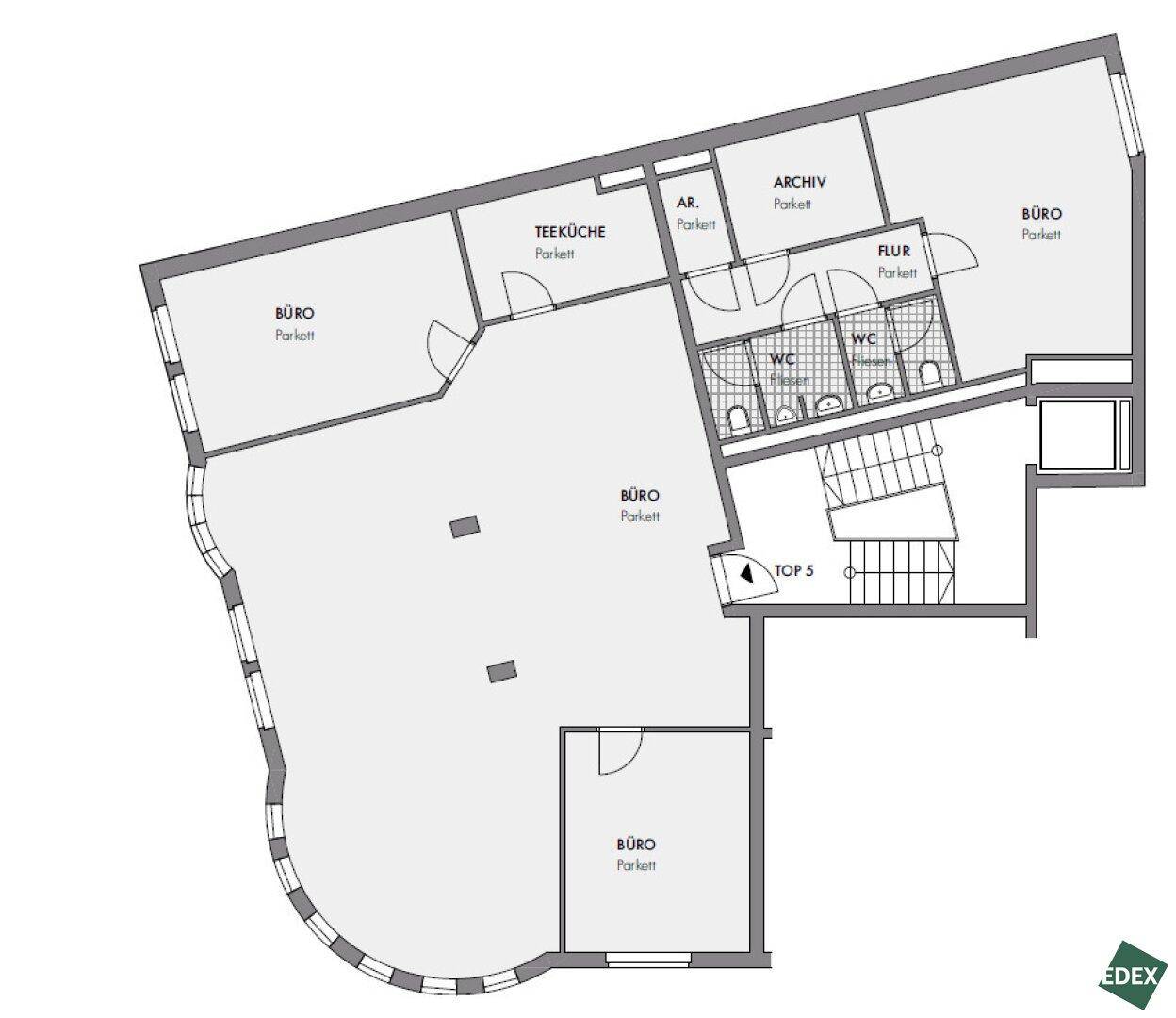 Grundrissplan einer Büroetage mit mehreren Büros, Teeküche, Archiv und Toilettenbereichen.
