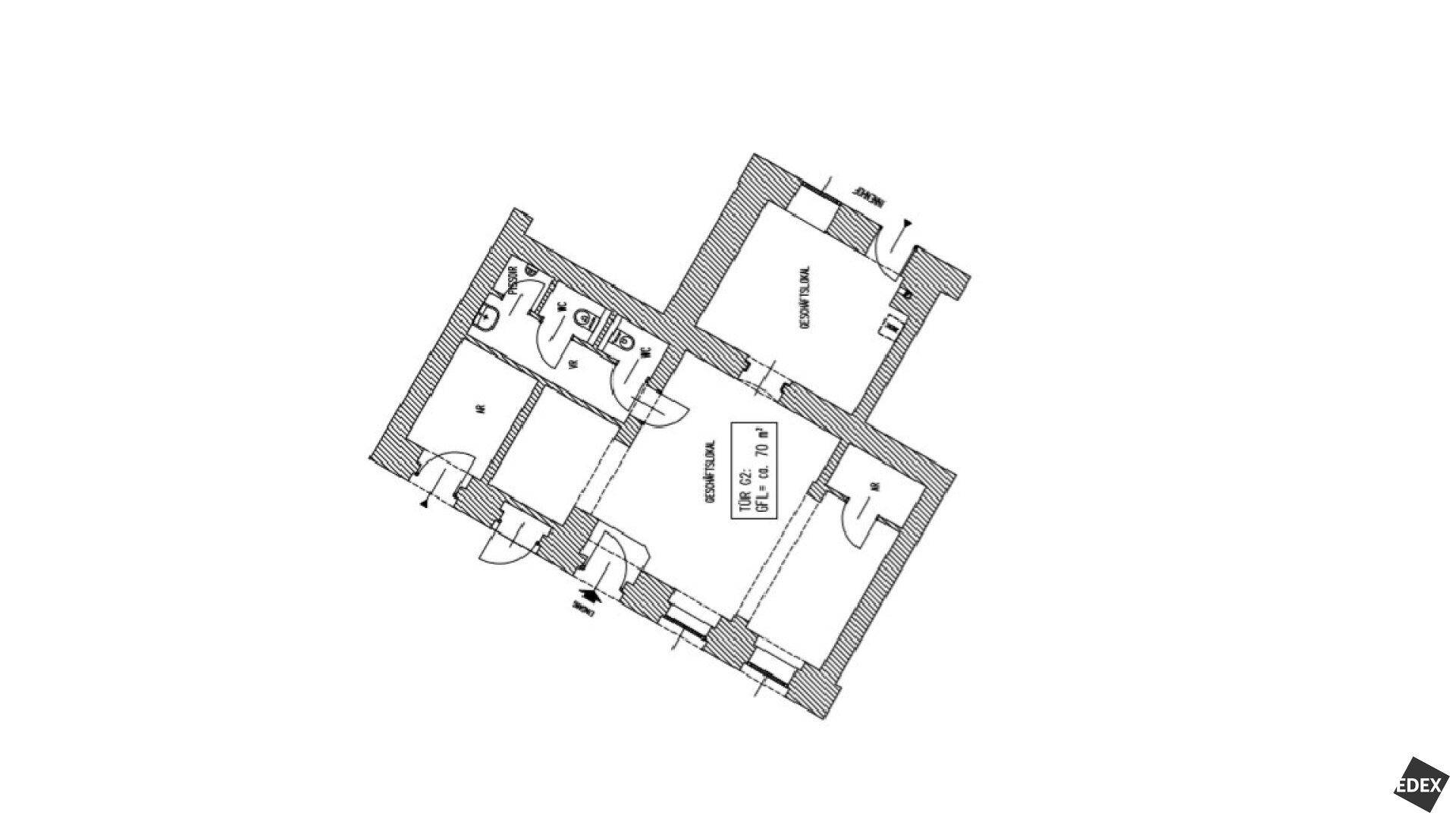 Grundriss einer Wohnung mit mehreren Räumen, offenem Wohnbereich und einer Gesamtfläche von etwa 70 m².