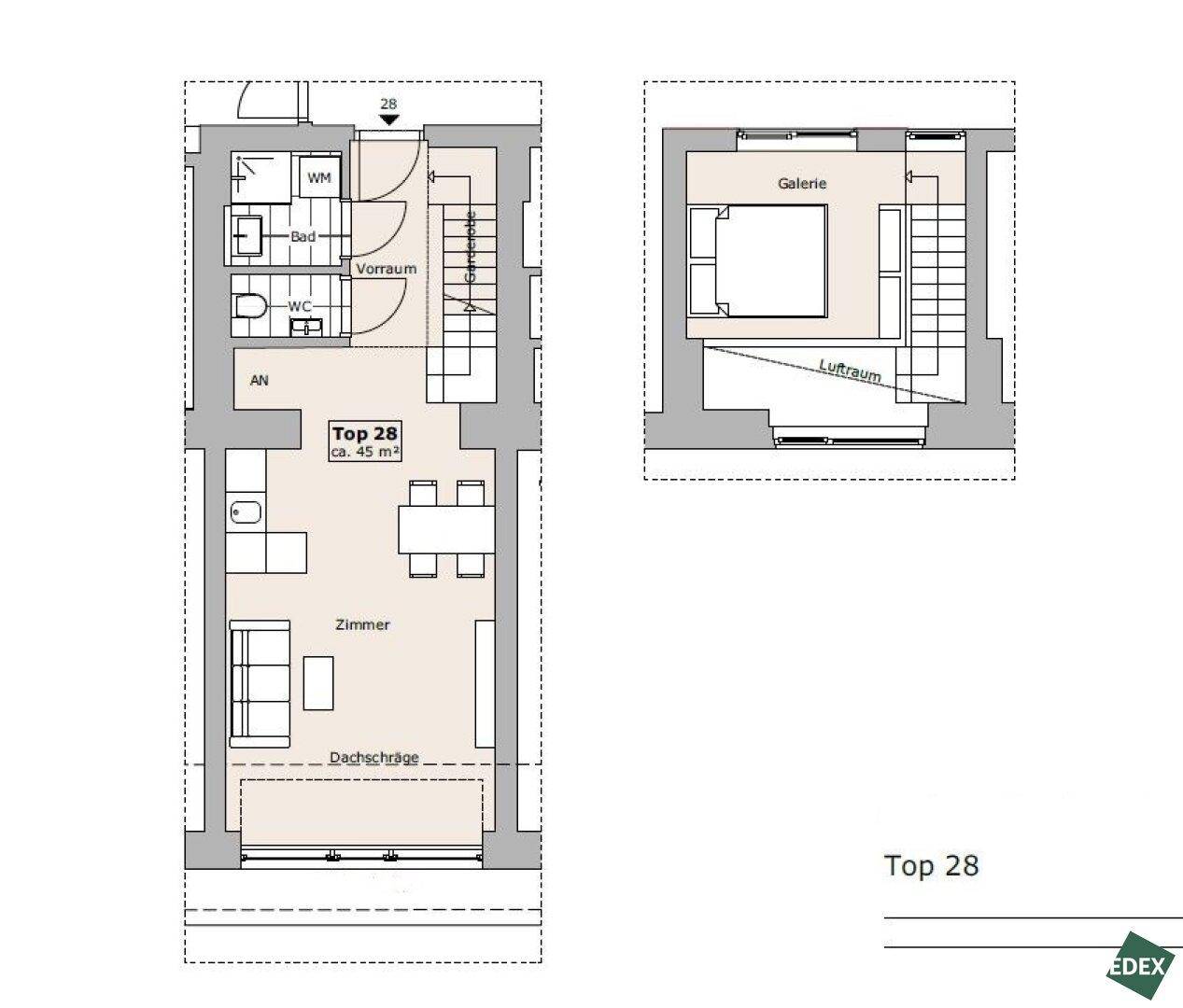 Grundriss der Wohnung Top 28 mit zwei Ebenen, offenem Wohnbereich und Galerie.