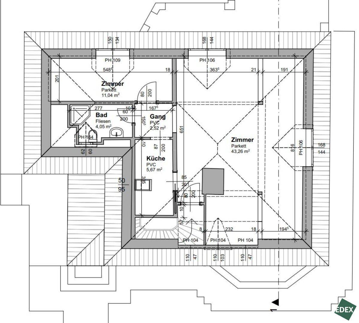 Grundriss des Dachgeschosses mit Zimmer, Bad, Küche und Dachschrägen.