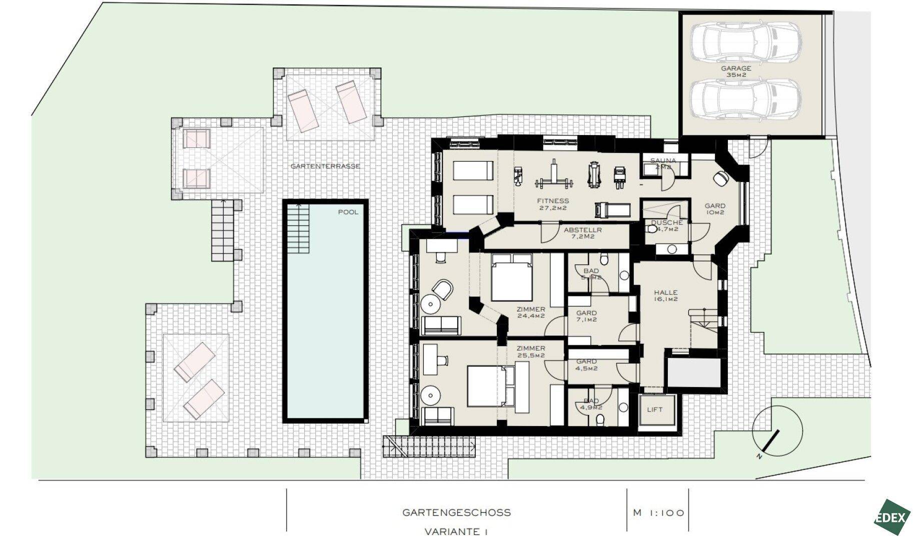 Grundriss des Gartengeschosses Variante 1 mit Pool, Fitnessbereich und zwei Schlafzimmern.