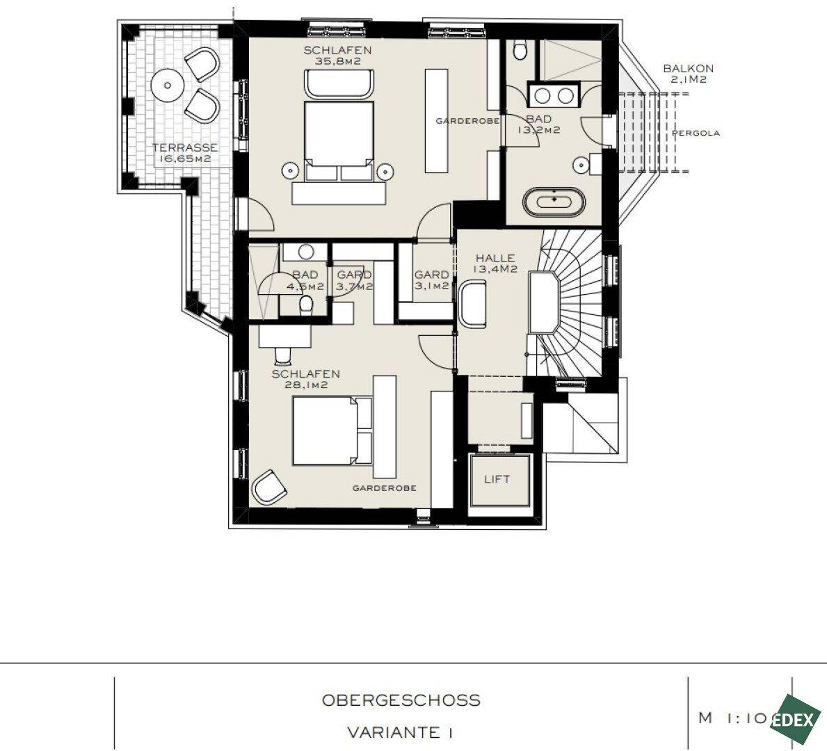 Grundriss des Obergeschosses Variante 1 mit zwei Schlafzimmern, großer Terrasse und Balkon.