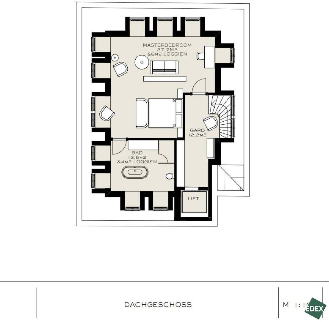 Grundriss des Dachgeschosses mit großem Hauptschlafzimmer und zwei Loggien.