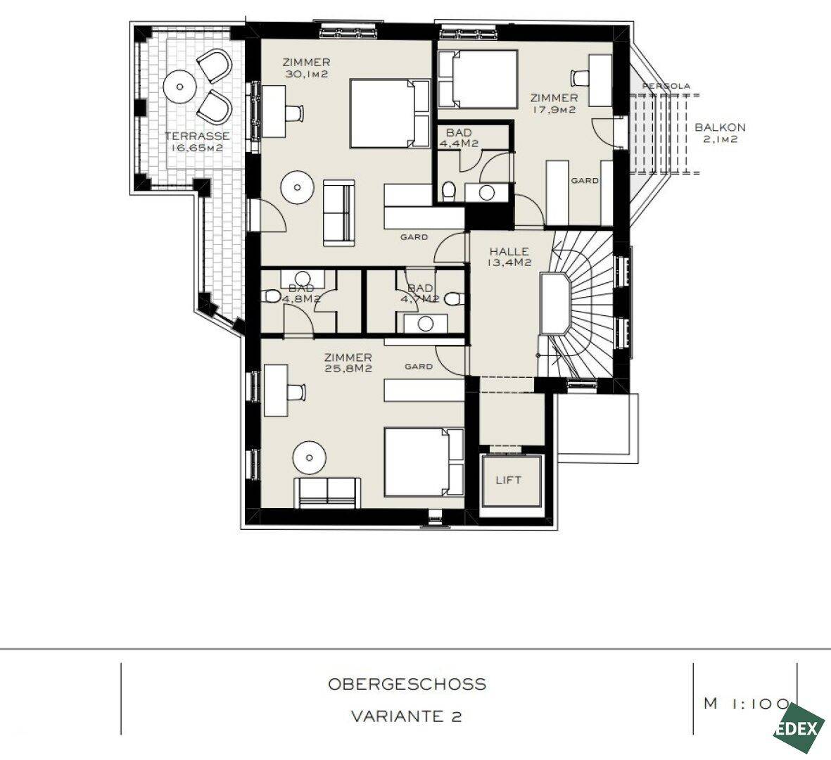 Grundriss des Obergeschosses Variante 2 mit mehreren Zimmern, Terrasse und Balkon.