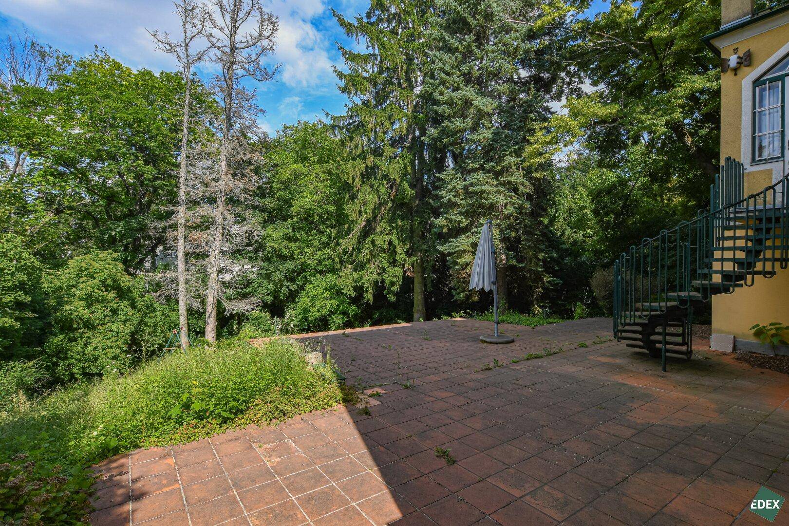 Große gepflasterte Terrasse mit Sonnenschirm, umgeben von altem Baumbestand und viel Grün.