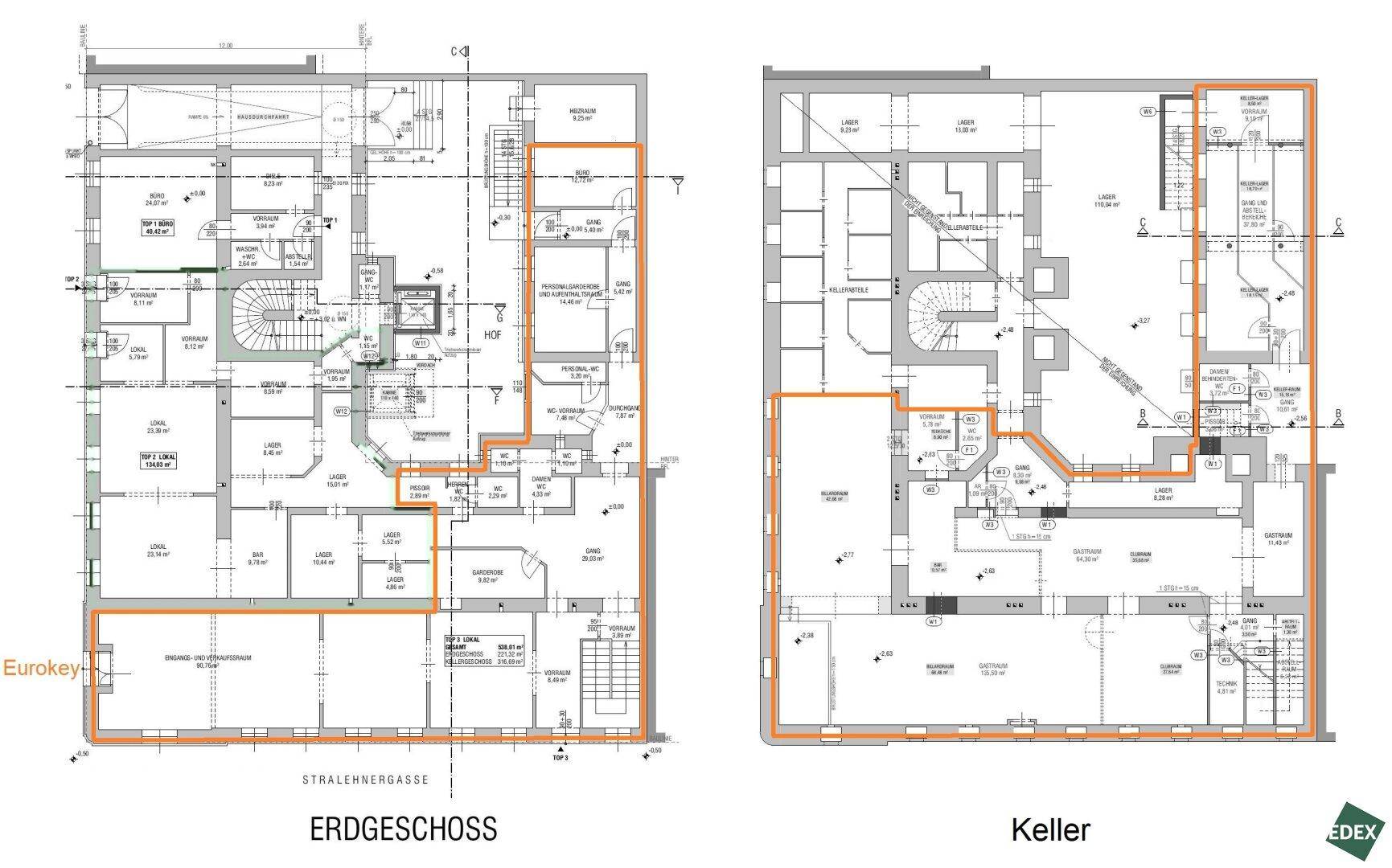 Detaillierter Grundriss des Erdgeschosses und Kellers mit verschiedenen Räumen und Flächen.
