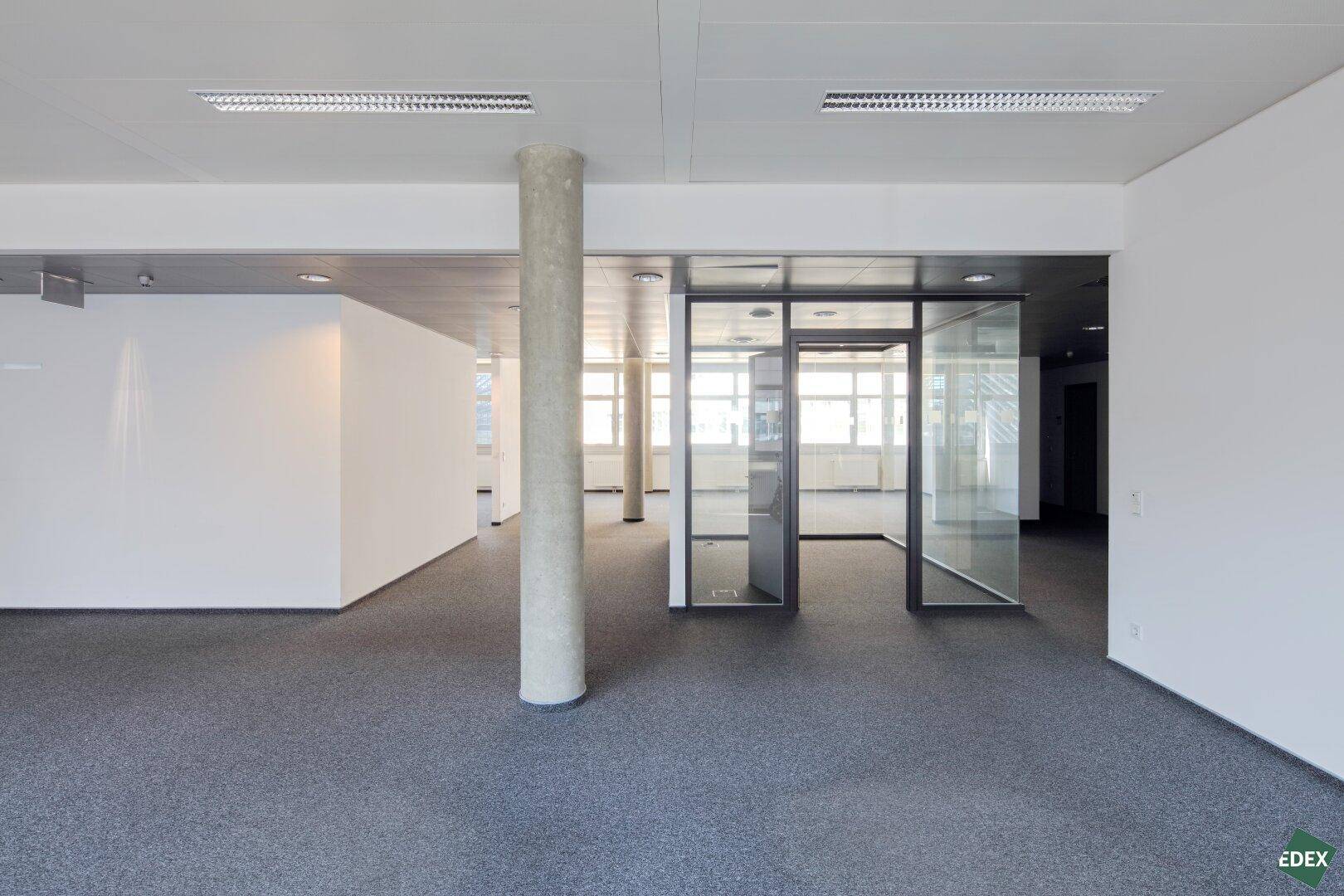 Geräumiges, unmöbliertes Büro mit Teppichboden, Säulen und großen Fenstern für viel Tageslicht.