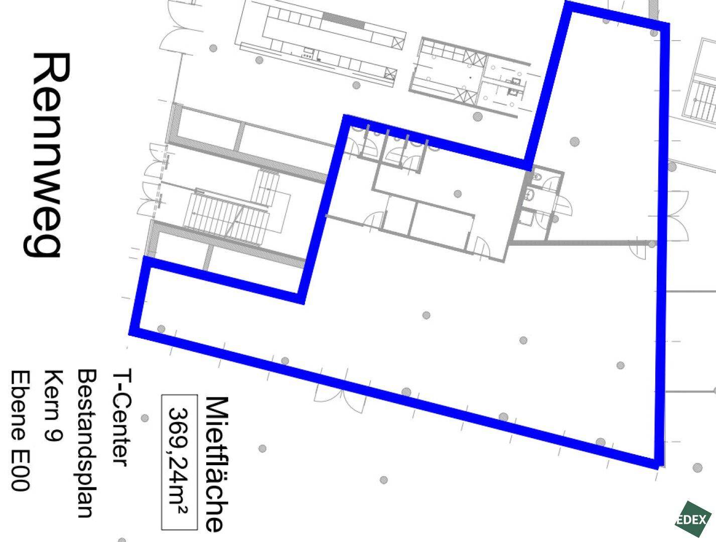 Grundrissplan zeigt die Mietfläche von 369,24m² im T-Center, Kern 9, Ebene E00 mit verschiedenen Bereichen.