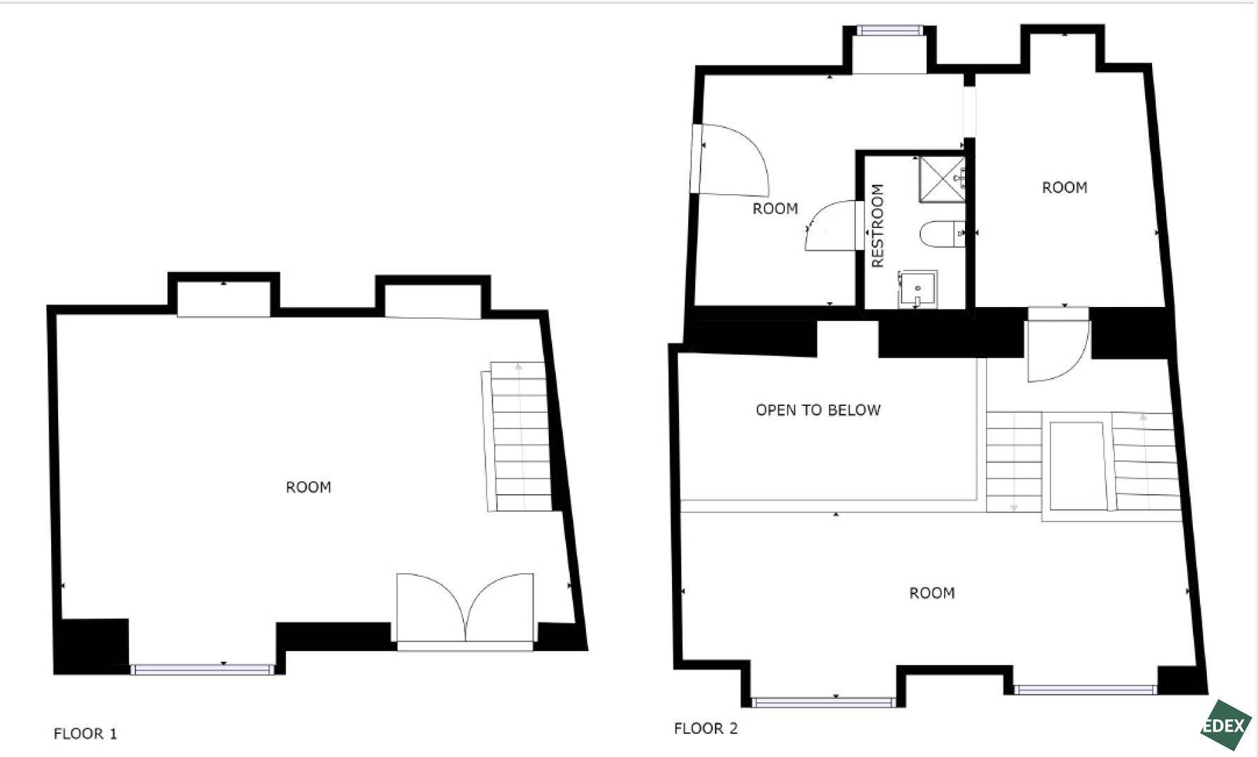 Grundriss mit zwei Etagen, offenem Bereich und Badezimmer.