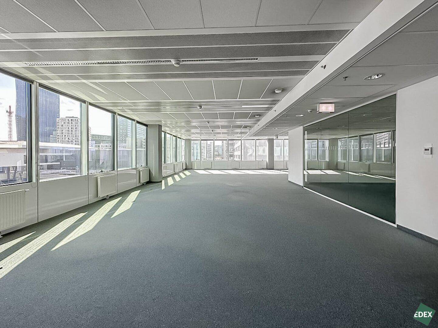 Großes, leeres Büro mit Teppichboden, großen Fenstern und Blick auf die Stadt, bereit zur individuellen Gestaltung.