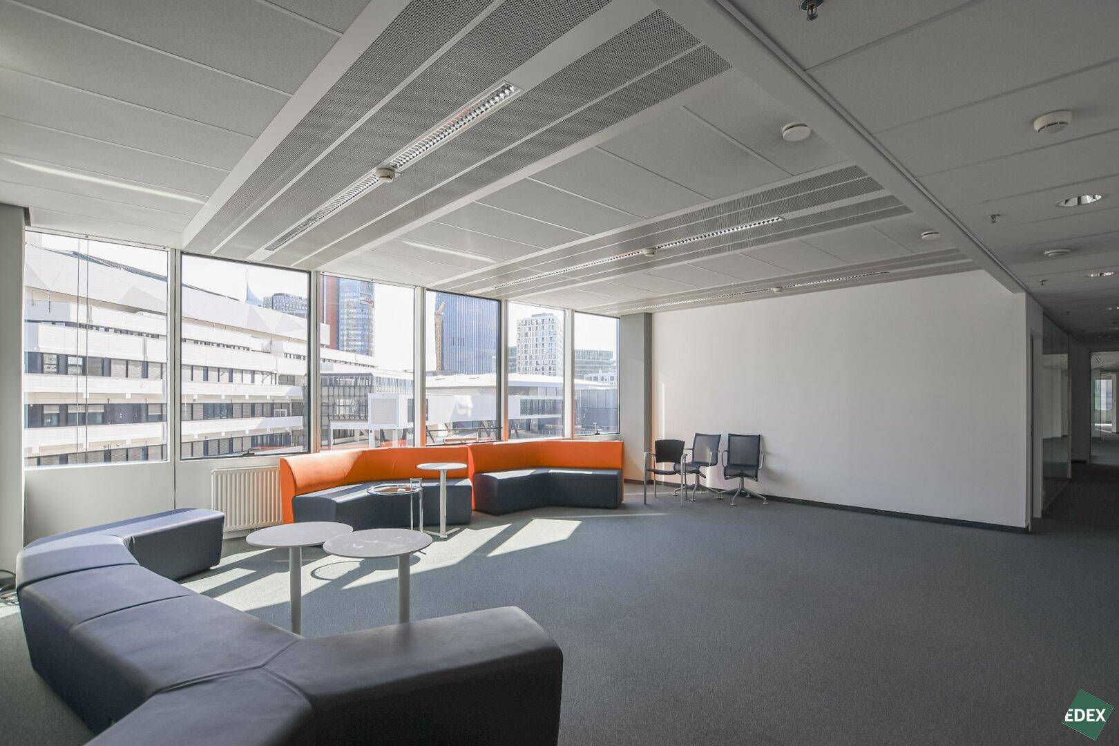 Heller Loungebereich in einem Büro mit bequemen Sitzgelegenheiten, Teppichboden und großen Fenstern mit Stadtblick.