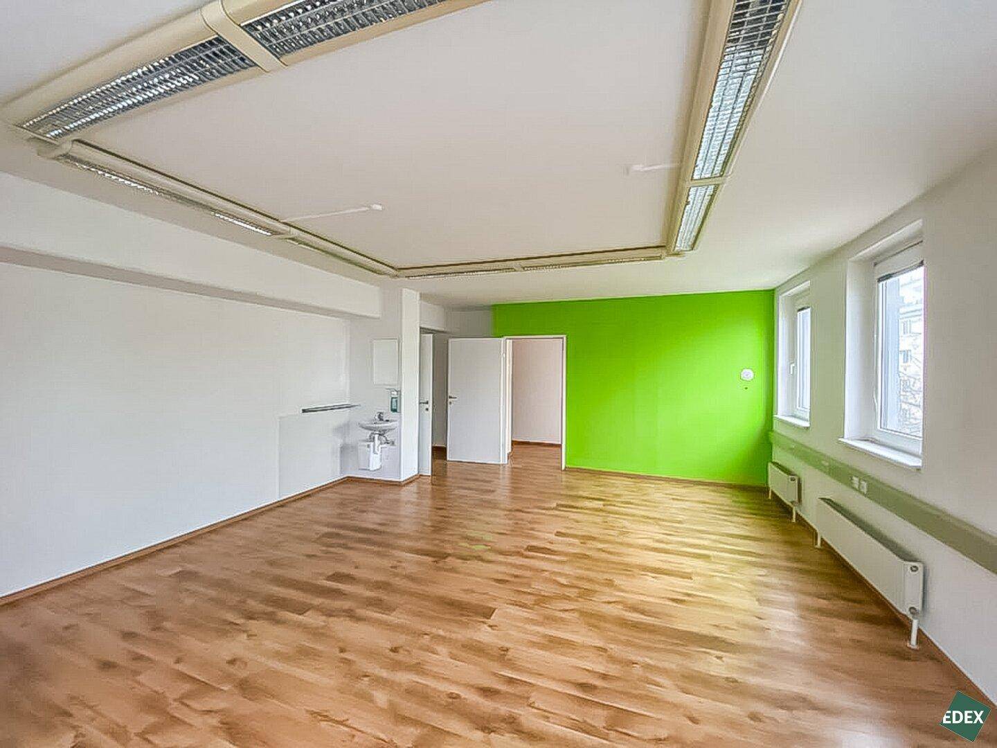 Großes Büro mit auffälliger grüner Wand, Holzfußboden und integriertem Waschbeckenbereich.