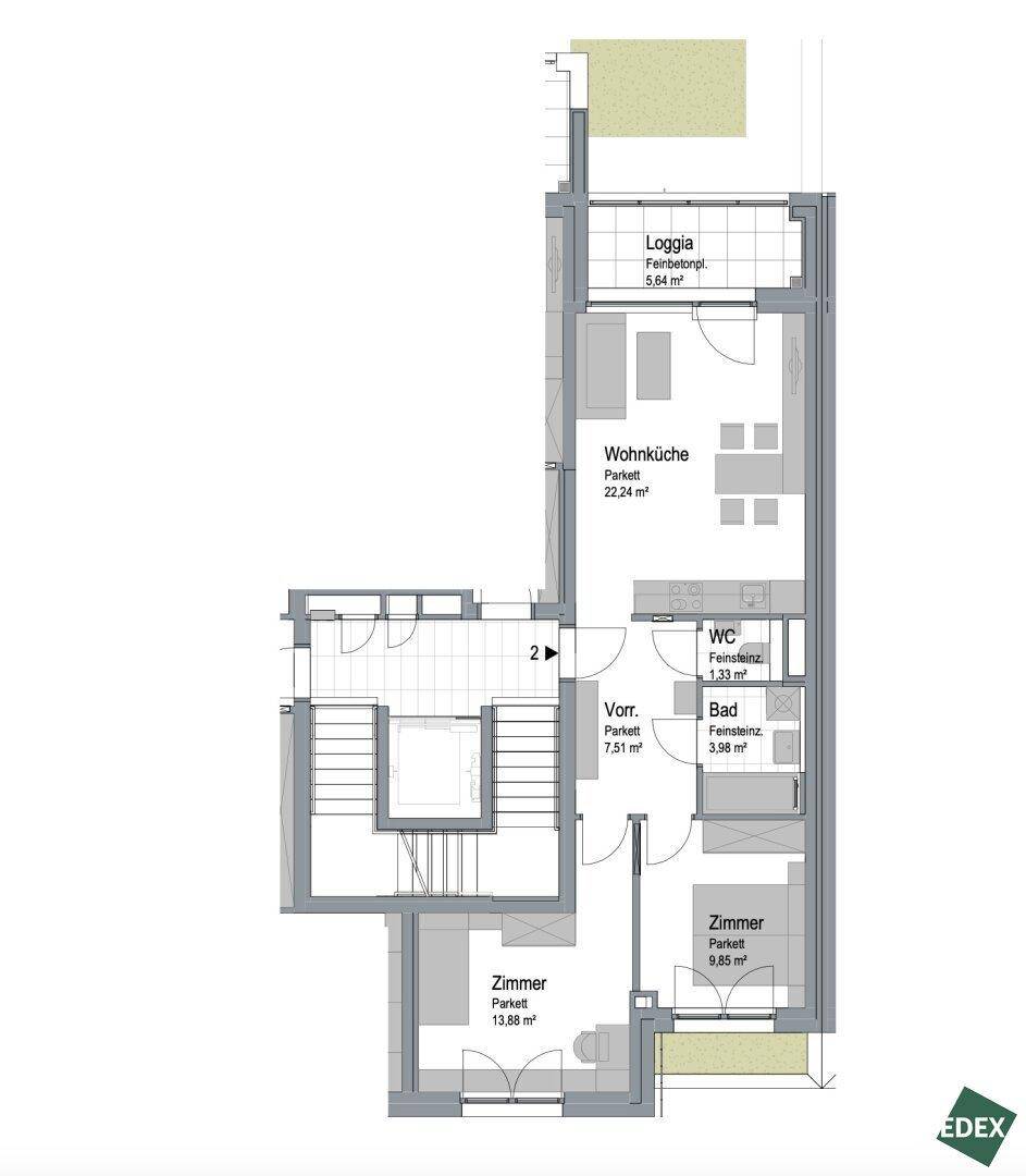 Grundriss einer Wohnung mit Wohnküche, zwei Zimmern, Bad, WC und Loggia auf 5,64 m².