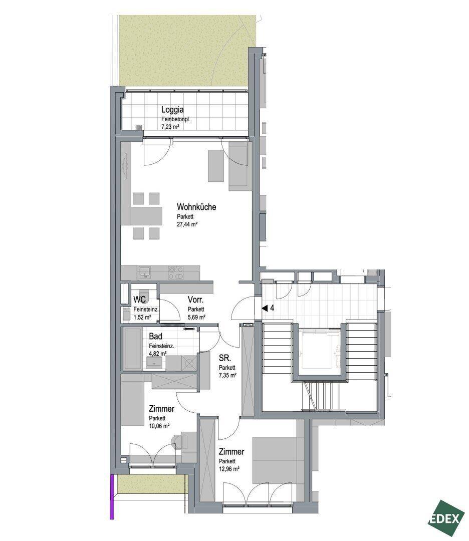 Grundriss einer Wohnung mit Wohnküche, zwei Zimmern, Bad, WC und einer Loggia.